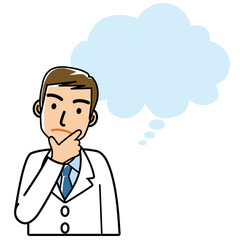 イラスト素材　疑問戸惑いを感じる若い男性のイラスト白衣の医師　吹き出し白バック