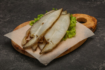 Delicous smoked halibut slices snack