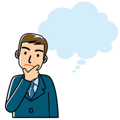 イラスト素材　疑問戸惑いを感じる若い男性のイラスト　スーツ　ネクタイ吹き出し　白バック