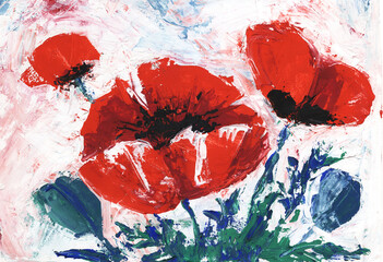 Oil painting. Still life of vivid red widely open poppy heads on blurry stems against gentle pink background. Hand drawn wild field flowers. Botanical illustration with palette knife strokes