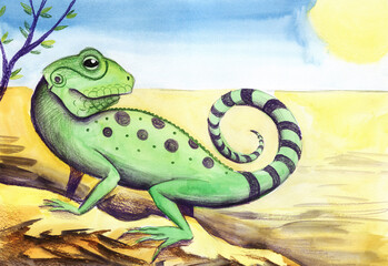Watercolor landscape of desert with big lizard in foreground. Hand drawn green reptile with black spots and striped tail on rough stone in the middle of desert against blue sky with scorching sun