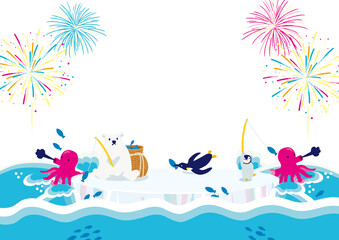 氷の上で釣りをする南極の動物たち　夏イメージ　イラスト © perori