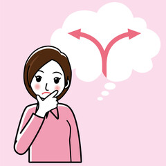 イラスト素材　人生の転職岐路矢印　疑問戸惑いを感じる若い女性のイラスト