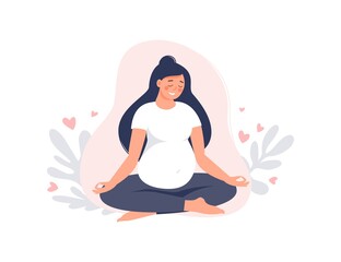 Pregnant woman meditating in lotus pose isolated on pink. Pregnancy female practicing yoga. Vector flat illustration. Concept of maternity and healthy lifestyle for banner, landing page, card