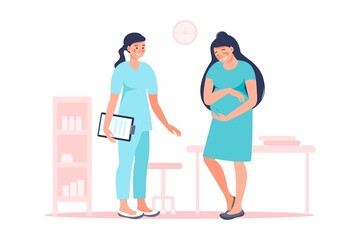 Pregnant woman with doctor in hospital medical office examination during pregnancy. Vector flat illustration. Pregnancy and maternity concept. Expectant mother, motherhood, single mother. - obrazy, fototapety, plakaty