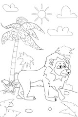Jungle, Africa safari animal Lion coloring book edicational illustration for children. Vector white black cartoon outline illustration