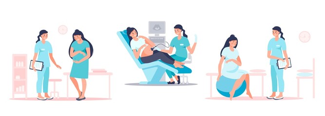 Set of pregnant woman visiting doctor for examination, sonographer scanning, preparing for childbirth. Happy future mother at medical checkup. Pregnancy and maternity concept. Vector flat illustration