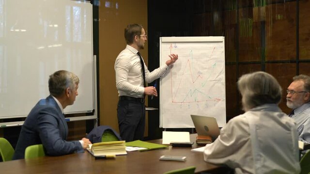 Professional economist talking near flipchart explaining information for business project, successful business people collaborating together discussing mentoring during seminar presentation in company