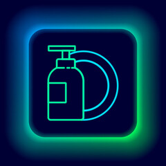 Fototapeta premium Glowing neon line Dishwashing liquid bottle and plate icon isolated on black background. Liquid detergent for washing dishes. Colorful outline concept. Vector