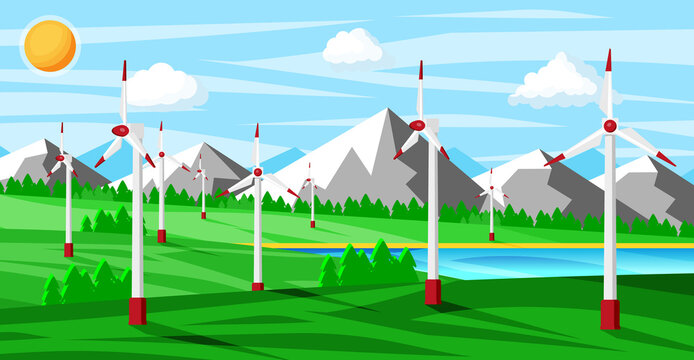 Wind farm in green fields among trees.