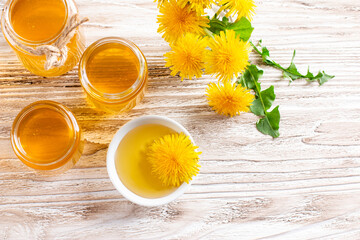 Homemade dandelion honey or syrup in jar. Concept of natural, countryside, organic and healthy product. Top view. Copy space