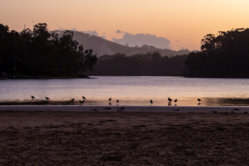 Sunset over the lake with mountians, clouds and birds