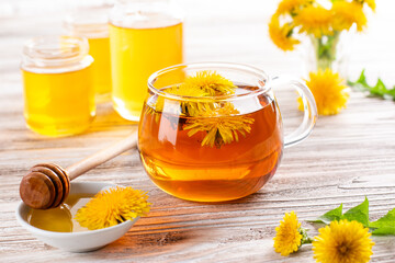 Honey from dandelion and a Cup of tea. Concept of natural, countryside, organic, healthy product.