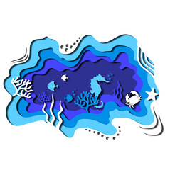 Vector abstract  of the sea, ocean life scene with the seahorse, crab, fishes, seaweed, waves and the water bubbles  made  with a paper cutout effect isolated on the white background with the shadow.