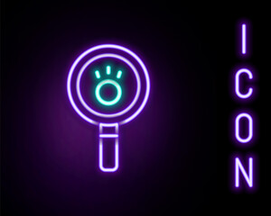 Glowing neon line Paw search icon isolated on black background. Magnifying glass with animal footprints. Colorful outline concept. Vector