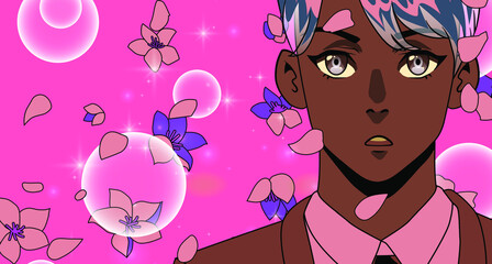 Blue-haired and dark-skinned young man in cartoon style. The petals of the flower fall in front of him.