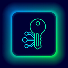 Glowing neon line Cryptocurrency key icon isolated on black background. Concept of cyber security or private key, digital key with technology interface. Colorful outline concept. Vector