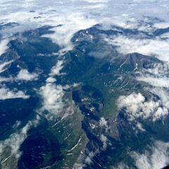 Siberia. Mountains. Mountain range from the height of flight