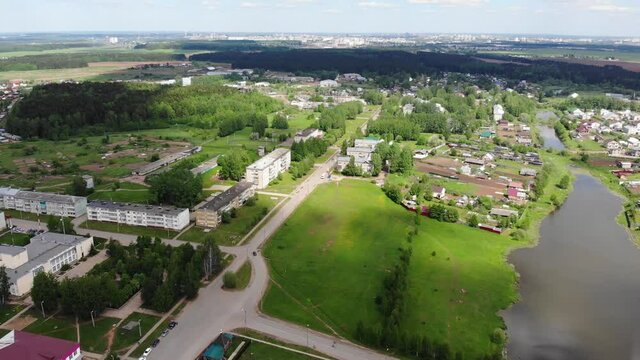 Aerial view of Mira street in Doronichi (Kirov, Russia)