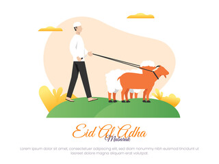 Islamic vector illustration concept for Eid al-Adha celebration or sacrifice with a man holding a knife to slaughter sheep and goats.