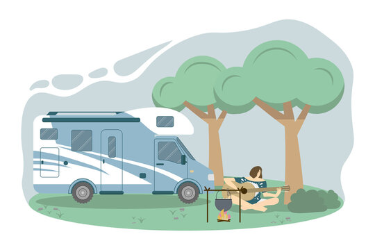 Caravan in a forest. Local summer vacation. A woman is playing the guitar at the camping place. Concept vector illustration in flat style.