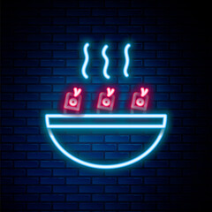 Glowing neon line Soup with shrimps icon isolated on brick wall background. Tom yum kung soup. Colorful outline concept. Vector