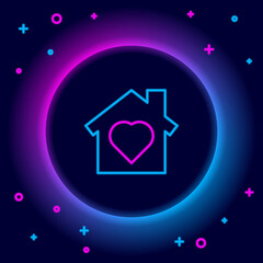 Naklejka premium Glowing neon line House with heart inside icon isolated on black background. Love home symbol. Family, real estate and realty. Colorful outline concept. Vector