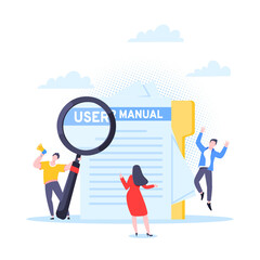 User manual guide book flat style design vector illustration. Tiny people, magnifying glass and paper file working together with guide book. Specifications user guidance document.
