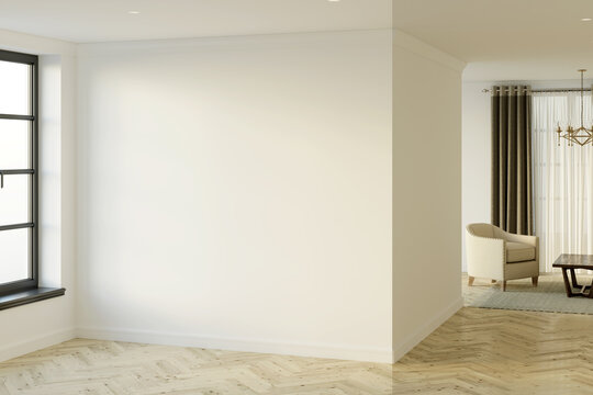 Empty bright hall with window, blank mockup wall, parquet floor, and living room in the background. 3d render