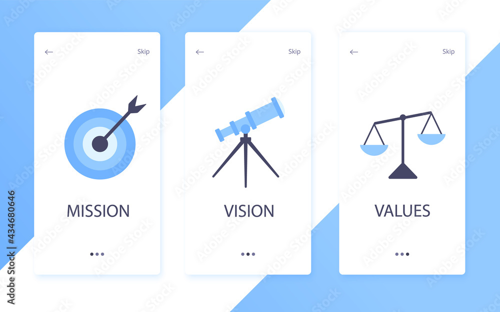 Poster mission, vision and values flat style design icons signs web concepts vector illustration set isolat