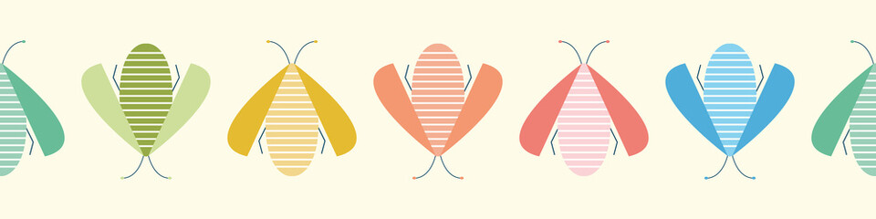 Bug vector border. Cute seamless repeat banner design of colourful insect, wildlife pattern resource.