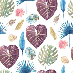 Seamless pattern of colored tropical seashell, leaves and vacation items. Hand drawn sketch of different elements in colored pencil technique.