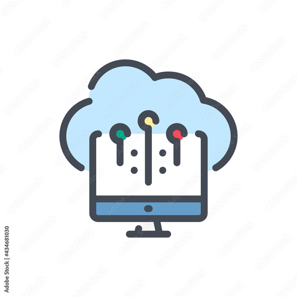 Poster cloud computing, computer with connection to cloud network and online hosting color line icon. cloud