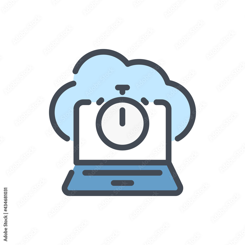 Poster cloud network with connection to laptop with stopwatch color line icon. cloud network with fast resp