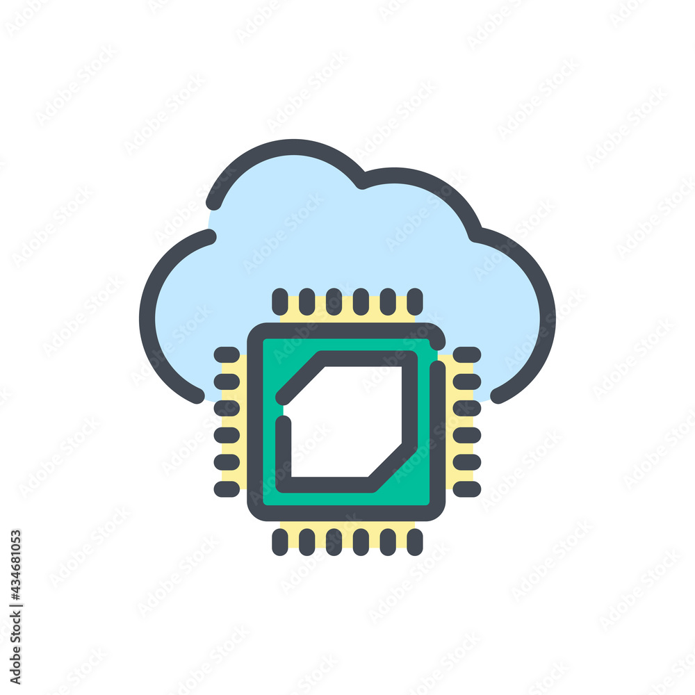 Poster cloud service with chip connection color line icon. cloud processor and hosting hardware vector outl