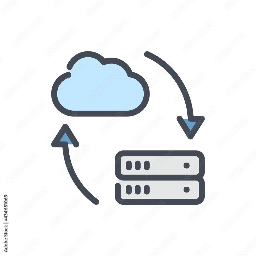 Poster data transfer from cloud network to server color line icon. cloud storage synchronization with data 
