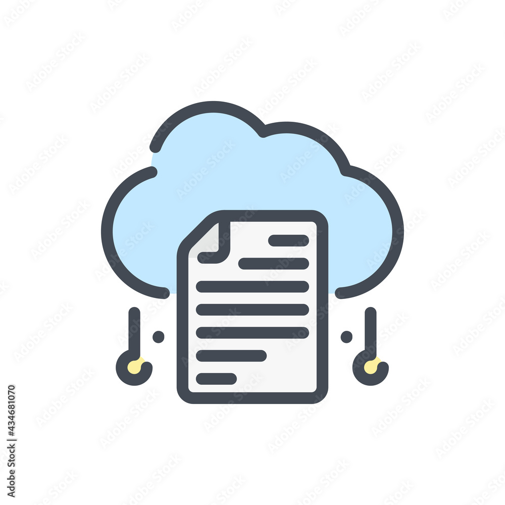 Fototapete Cloud storage with connection to documents and files color line icon. Cloud network access to information and online storage vector outline colorful sign.