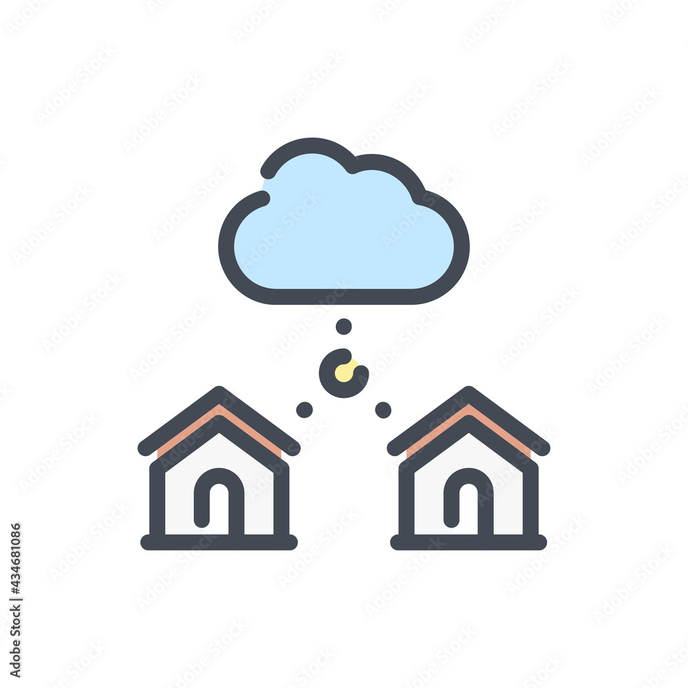 Poster cloud network and hosting with connection to houses color line icon. online connection from home to 