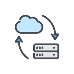 Data transfer from cloud network to server color line icon. Cloud storage synchronization with data storage vector outline colorful sign.