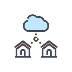 Cloud network and hosting with connection to houses color line icon. Online connection from home to remote server and information vector outline colorful sign.
