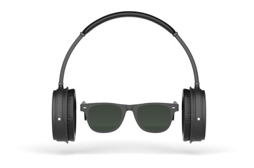 black sunglasses and headphones. Listening to music concept