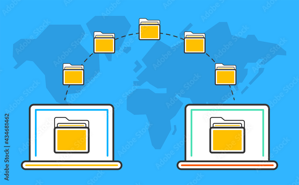 Poster file transfer. two laptops with folders on screen and transferred documents. files transferred encry
