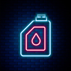 Glowing neon line Canister for motor machine oil icon isolated on brick wall background. Oil gallon. Oil change service and repair. Engine oil sign. Colorful outline concept. Vector