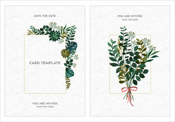 Wedding Invitation card design with green tropical palm leaf, eucalyptus branches decorative frame pattern. Handdrawn Vector nature art template.