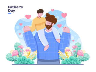 Happy Father's Day illustration with dad carry son on the shoulder and loving her. Greeting and celebrate Father day. Children Loving Dad. Suitable for greeting card, invitation, banner, postcard.