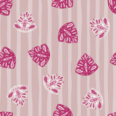 Pink and lilac palette seamless pattern with hand drawn abstract folk monstera leaves. Striped background.