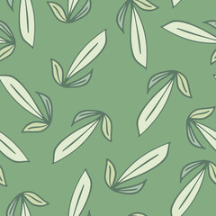 Abstract seamless pattern with hand drawn leaf outline print. Green pastel background.