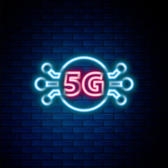 Glowing neon line 5G new wireless internet wifi connection icon isolated on brick wall background. Global network high speed connection data rate technology. Colorful outline concept. Vector