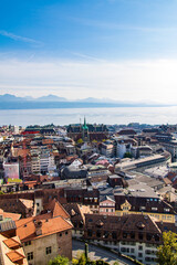 Vue sur la ville de Lausanne depuis le haut du clocher de la cath&eacute;drale de Lausanne (Canton de Vaud, Suisse)