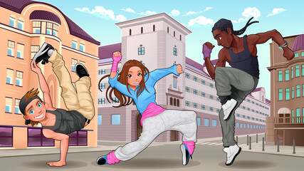 Funny breakdancers in the city. Vector illustration.
